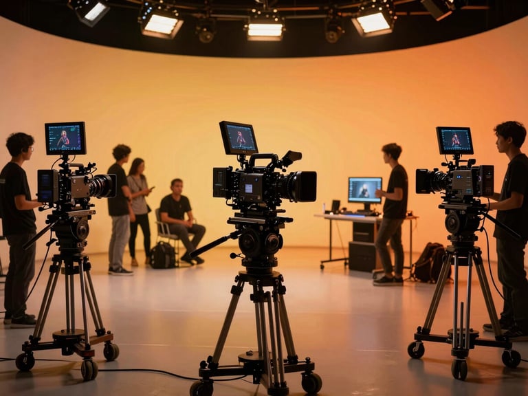 Wide environmental shot of an active video production set in a Jakarta studio, high-end cinema cameras on rigs, warm backlights and orange ambient glows from monitors, professional crew collaborating in the background, cinematic 35mm photography.