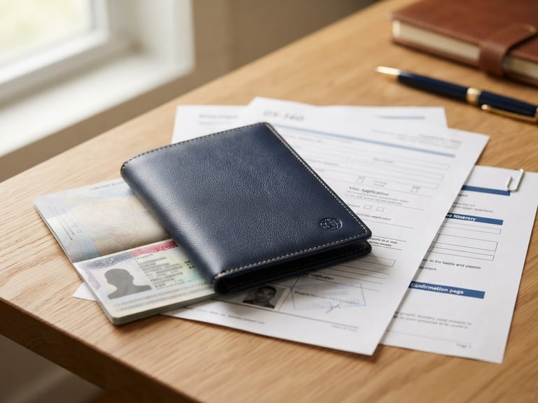 Macro shot of a dark navy leather passport holder and organized visa application documents on a clean oak desk, soft window light, professional consulting aesthetic