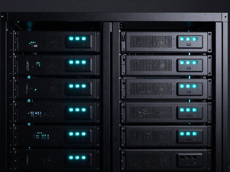 Equipamento de rede Wi-Fi 7 de design futurista, com LEDs ciano brilhantes, em um rack de servidor limpo e organizado, iluminação de estúdio escura
