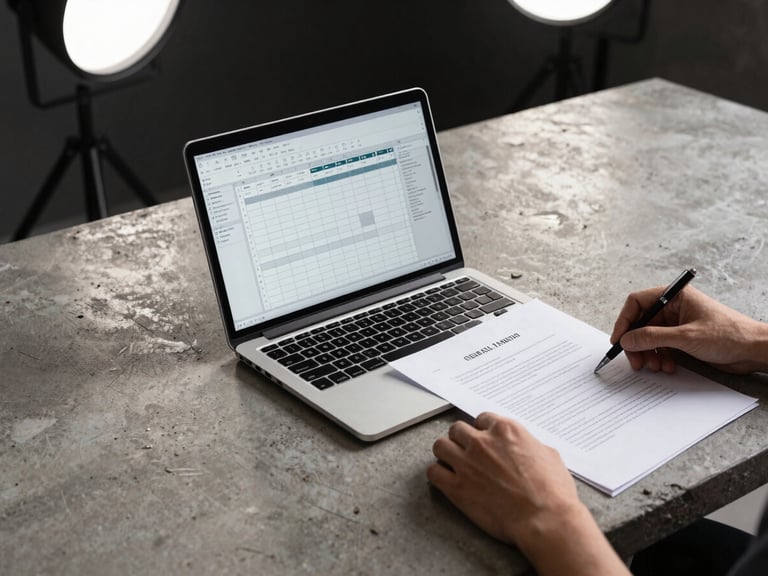 Wide environmental shot, clean studio lighting from overhead fixtures, close view of a desk with an open laptop showing a content calendar spreadsheet, a printed contract document beside it, a hand resting near a pen mid-review, architectural concrete desk surface, no people's faces visible — process and workflow focus