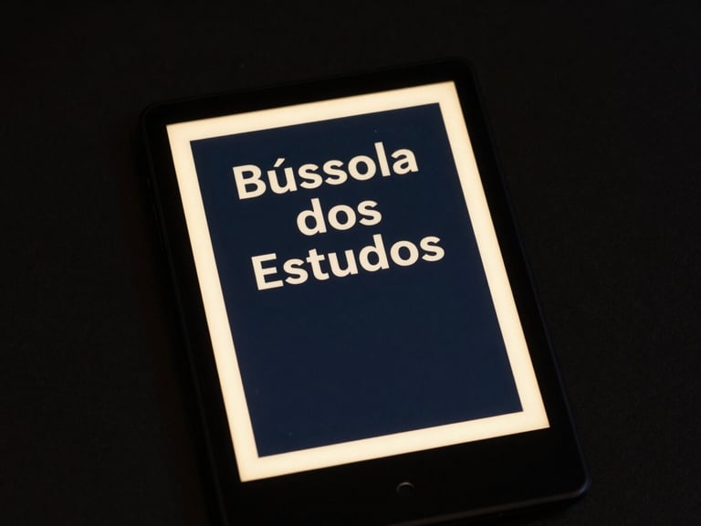 Sleek mockup of the 'Bússola dos Estudos' ebook cover on a modern e-reader, glowing with a soft gold light. Dark, focused studio lighting.