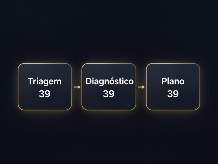 Minimalist graphic representation of three interconnected AI prompt cards ('Triagem', 'Diagnóstico', 'Plano') on a dark digital interface, subtle gold lines connecting them. Tech aesthetic.