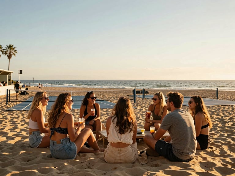 Social gathering at the beach tennis arena lounge, friends laughing, holding cold drinks, overlooking the courts at sunset, warm coastal vibe.