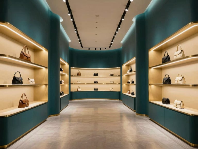 Full-bleed interior of a high-end branded retail installation captured from within the space, curved walls with subtle LED accent lighting, merchandise architecture receding in all directions, deep teal and warm gold tones, spatial depth visible in every quadrant, no people, no text, no flat photography conventions