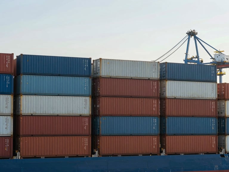 A wide environmental shot of a modern shipping terminal in Barcelona, bright morning daylight, cargo containers stacked neatly, desaturated blues, warm terracotta accents, shallow depth of field