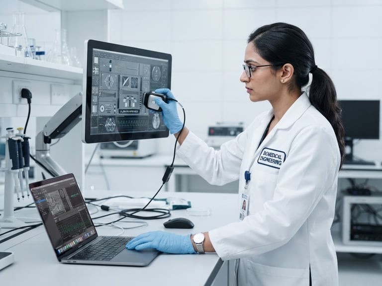 Clean clinical photography of a professional biomedical engineer in a bright white sterile laboratory, adjusting a high-precision clinical monitor with calibration tools, desaturated blue and silver tones, sharp focus, 50mm