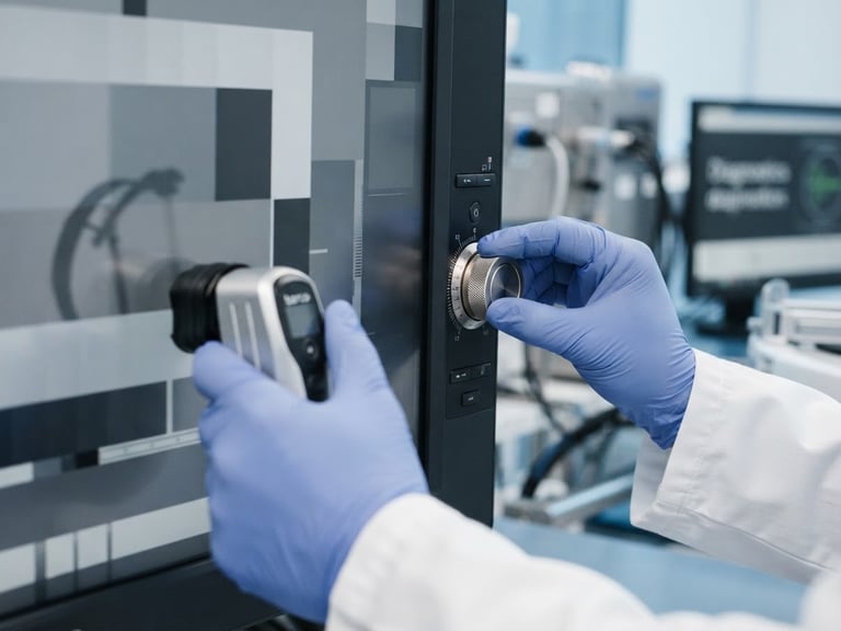 Close-up of a biomedical engineer calibrating a high-end clinical monitor with specialized digital tools, bright white clinical lighting, sharp focus on dials