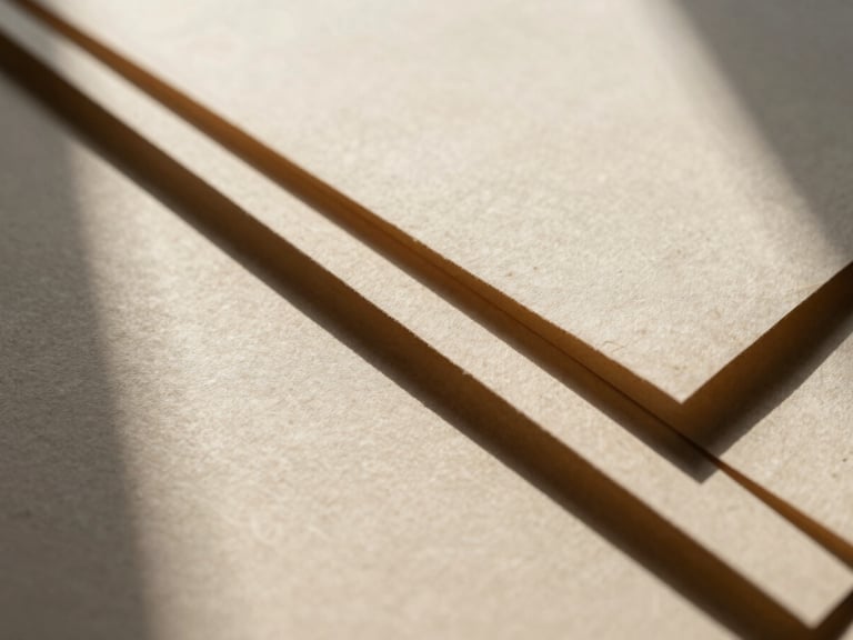 Extreme macro detail of heavy handmade champagne-colored paper stock, casting sharp geometric shadows under low-contrast daylight.
