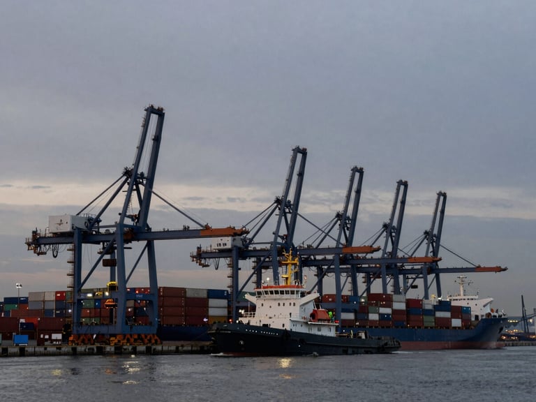 Wide landscape view of a busy commercial harbor at dusk, industrial cranes silhouetted against a steel-gray sky, a heavy tugboat guiding a container ship.