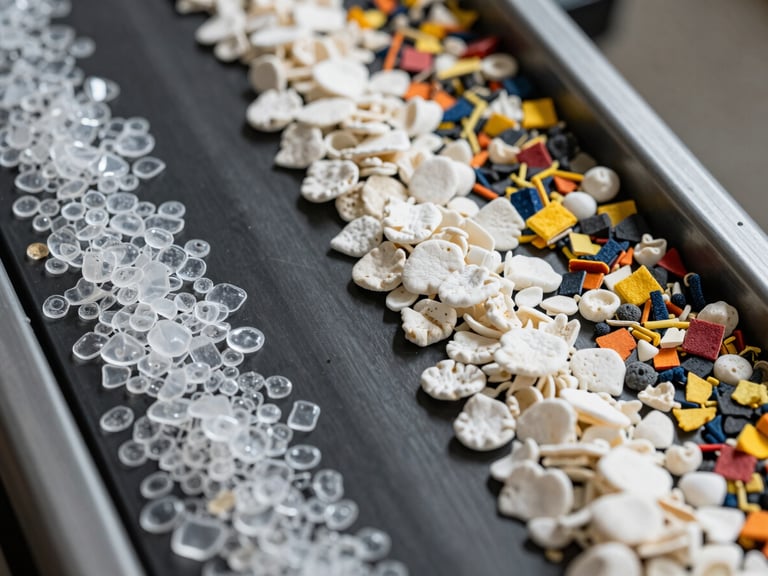 Macro close-up overhead of a flat sorting conveyor line showing separated plastic fragments by resin type—clear PET flakes, white HDPE pieces, coloured PP fragments—arranged in distinct lanes under studio strobe lighting that reveals surface texture and density differences