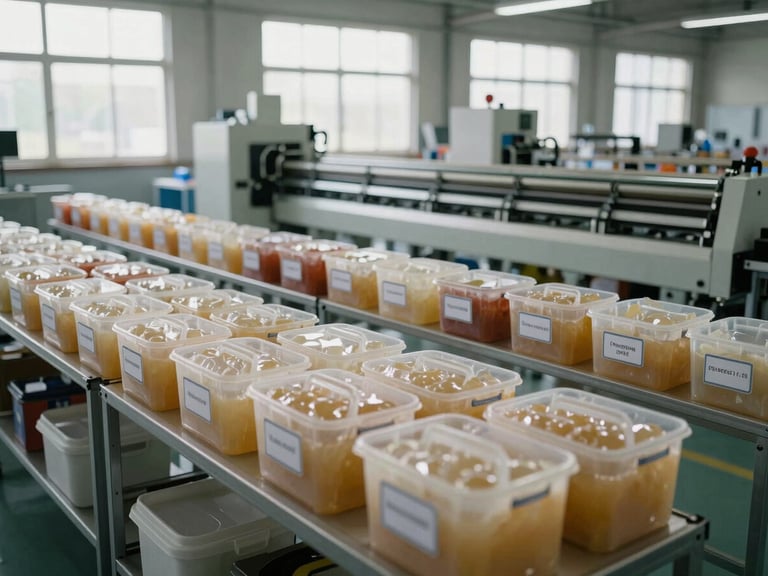Wide facility floor shot from a slightly elevated angle showing multiple organized sorting lines with labeled resin bins in the foreground and an extruder line in the background, industrial daylight through high windows, deep depth of field showing operational scale, no people in frame