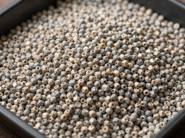 Overhead close-up of a flat tray filled with finished recycled plastic pellets in natural and light grey tones, uniformly sized granules arranged densely, studio strobe lighting revealing surface sheen and material clarity against a dark industrial tray