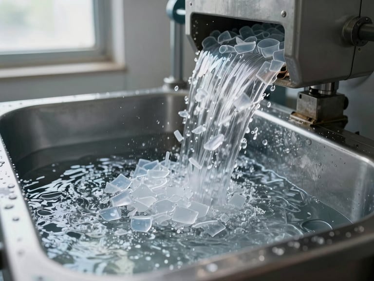 Close-up side view of a wash trough with clear water and clean translucent plastic fragments tumbling through, industrial wash equipment visible in background, daylight through a facility window illuminating water clarity and clean material surface