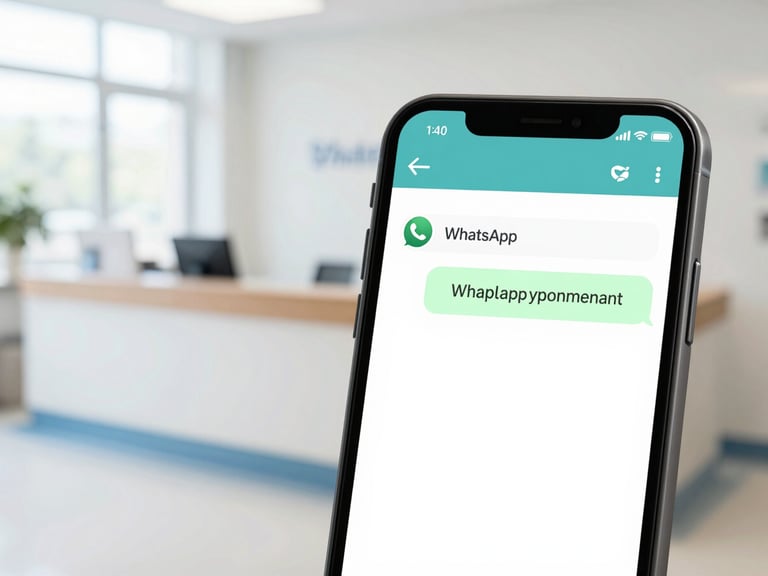 Close-up of a mobile screen showing a realistic WhatsApp chat interface with an appointment confirmation, with a blurred hospital reception desk in the background, soft natural daylight.