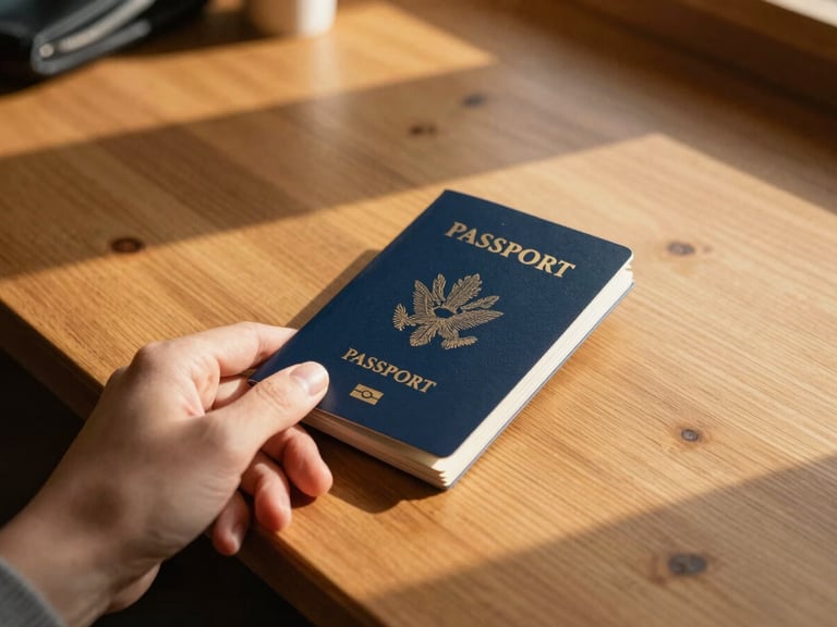 A close-up of a hand holding a navy blue passport with golden-hour sunlight streaming across a wooden travel desk, warm editorial style