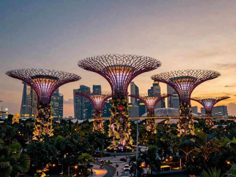 Cinematic wide-angle shot of modern Singapore skyline at dusk, glowing supertrees, warm ambient city lights.