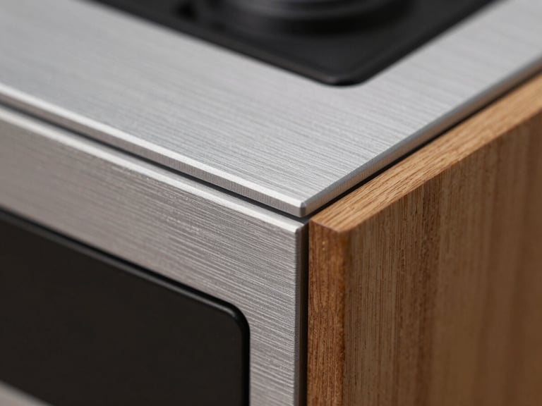 A tight horizontal macro shot of the corner of the Macrotab device, showing the seamless joint between the brushed aluminum back plate and the solid oak frame