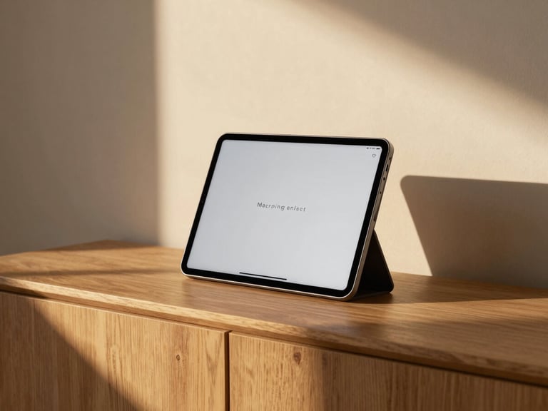 A wide-angle, warm-minimalist photo of a physical Macrotab ambient dashboard sitting on a matte oak sideboard in a sunlit living room. Soft afternoon golden light highlights the brushed aluminum frame and the clean, custom matte-screen UI showing minimalist typography.