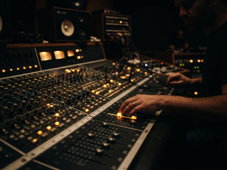 Moody cinematic recording studio, analog mixing console with glowing warm amber faders, low-key dramatic lighting, shallow depth of field, 35mm film