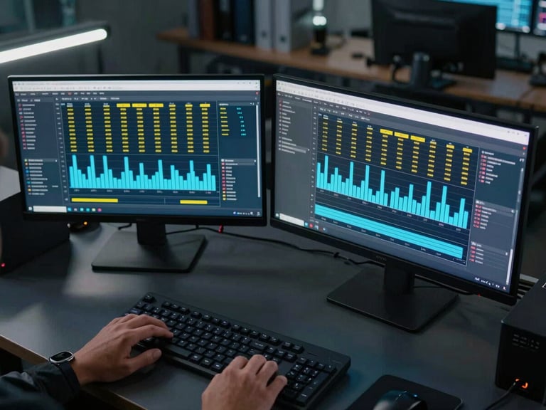 Overhead wide shot of a dark engineering workstation, two monitors displaying a live campaign dashboard with yellow performance metrics and electric-blue channel graphs, keyboard and hands visible in lower frame, cool overhead studio lighting, tight industrial composition