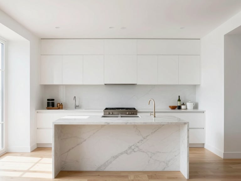 Straight-on architectural shot of a bright modern kitchen, clean white walls, marble island with elegant grey veins, natural high-key daylight, 35mm.
