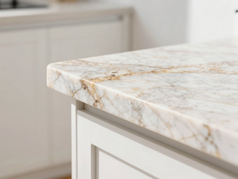 Close-up macro shot of a polished quartzite countertop edge, showing intricate natural veins, bright natural daylight, clean white interior background.