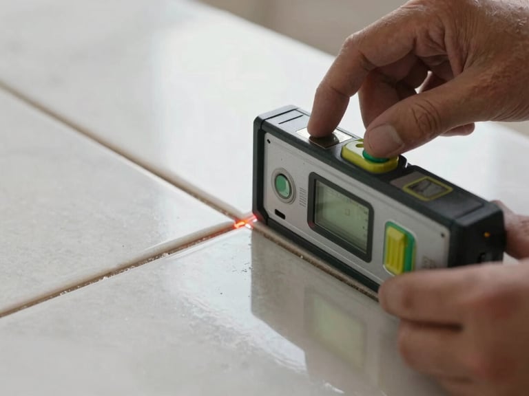 Extreme close-up of a craftsman using a digital laser level on a large-format porcelain tile joint, bright daylight reflecting off the pristine surface, razor-sharp alignment.