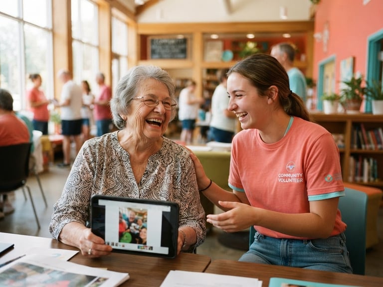 A warm, daylight-filled community center in Missouri where a young volunteer and an older resident laugh together while looking at a tablet, vibrant coral and aqua tones, warm community photography, bright natural daylight, candid editorial, 35mm lens.