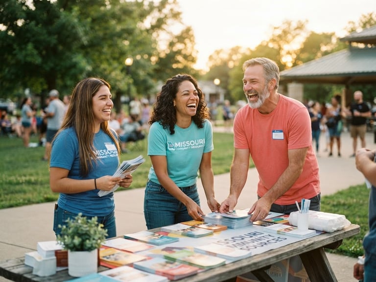 Candid medium shot of Missouri volunteers laughing while setting up a community resource table outdoors, warm golden hour daylight, 35mm lens