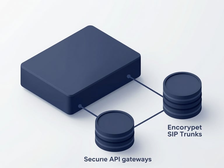 A clean, high-fidelity isometric technical diagram showing secure API gateways, encrypted SIP trunks, and database synchronization nodes in deep navy and slate tones.