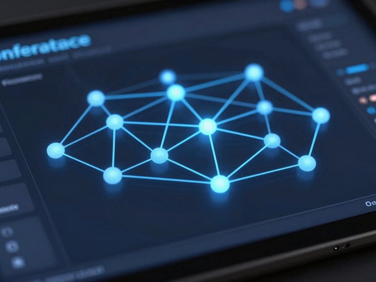 Macro shot of a high-fidelity enterprise communications dashboard, glowing blue network nodes, dark slate background, cool corporate studio lighting, sharp focus