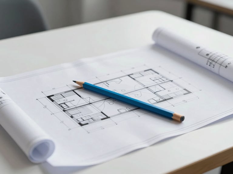 A clean, bright studio table with architectural blueprints and a single sky blue pencil under cool overcast daylight, landscape orientation.