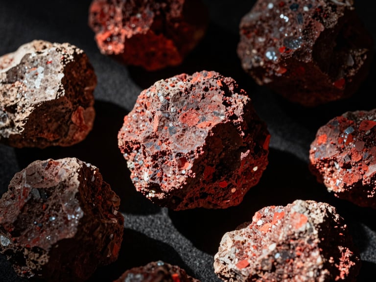 Close-up of raw mineral ores under sharp directional light, dramatic shadows, deep crimson accents, high-contrast editorial photography