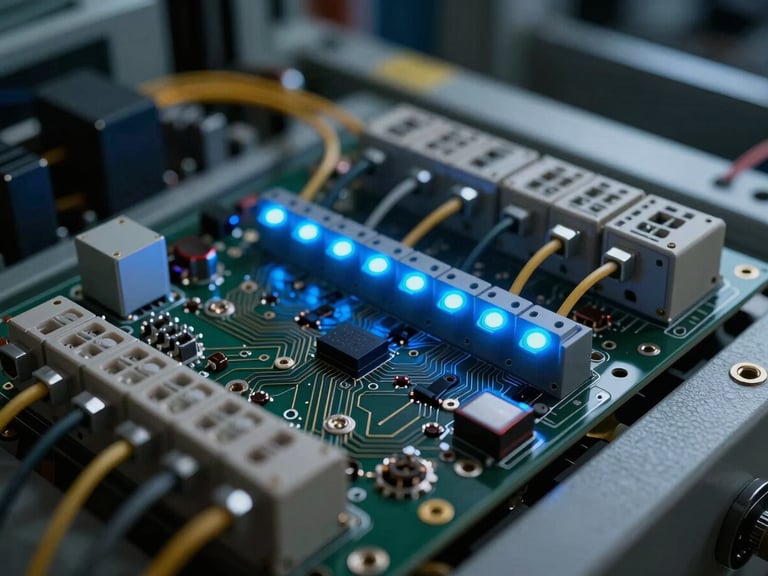 Macro close-up of a complex industrial automation control panel, detailed circuit boards and integrated fiber optic cables glowing with neon blue light indicators, low-key dramatic lighting, high technical precision.