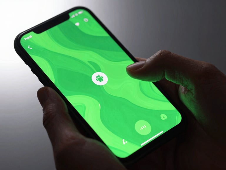 Extreme close-up of hands interacting with a modern Android phone displaying a vibrant, fluid mobile game with neon green UI elements, sharp focus on screen edges, studio backlighting, bleeding to the left.