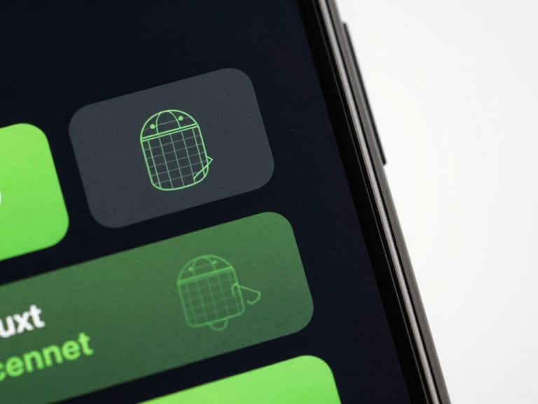 Close-up macro shot of a modern Android device displaying a clean, geometric utility app interface with subtle neon green accents and wireframe diagrams, dynamic diagonal framing, studio backlighting, bleeding to the right.