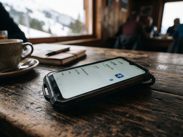 Close-up of a rugged smartphone displaying an active eSIM connection on a weathered wooden table in an overcast mountain cafe, natural daylight.