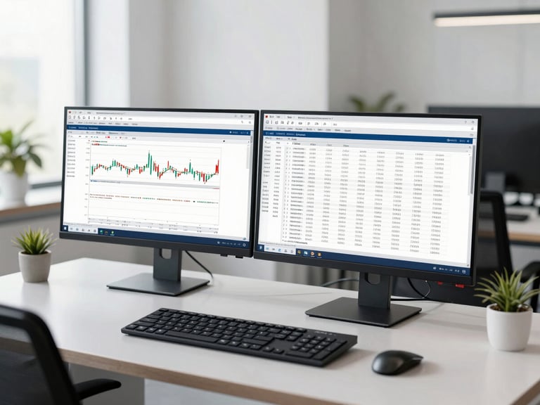 Clean modern corporate office environment, bright daylight, dual-monitor setup with financial spreadsheets, professional atmosphere, editorial