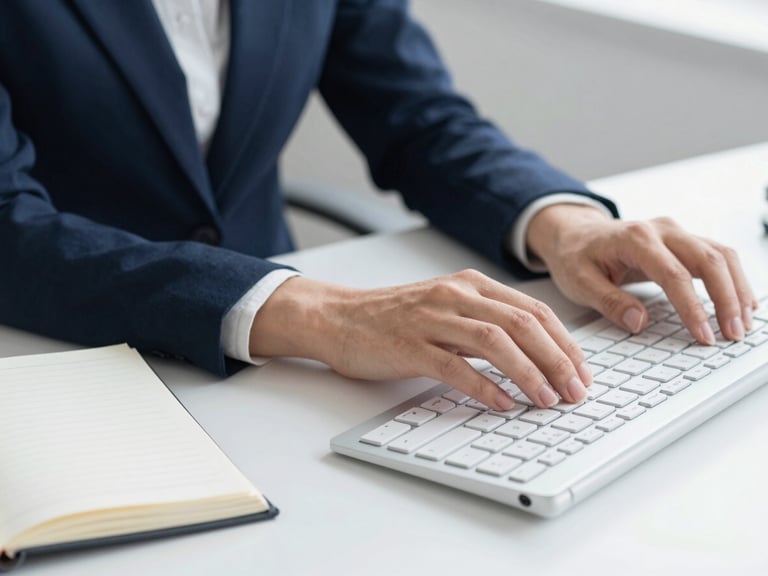 Close-up of hands typing on a modern keyboard next to a clean notebook, neutral lighting, professional corporate desk setup, editorial