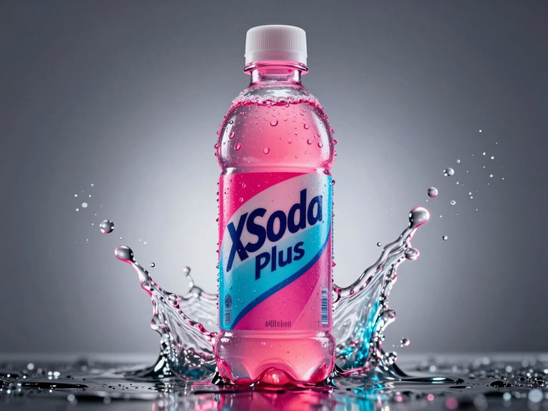 Extreme macro studio product photography of a sweating 400ml PET bottle of XSoda Plus, dynamic low-angle, explosive neon pink and cyan liquid splashes, high-contrast studio strobes, sharp rim lighting.
