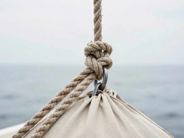 Close-up of a thick natural linen-colored marine rope knotted around a metal shackle on a weathered sail bag, soft coastal light