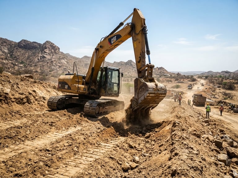 Low-angle environmental shot of a heavy yellow excavator grading earth on a road construction site in Rajasthan, bright high-contrast midday sun, sharp focus