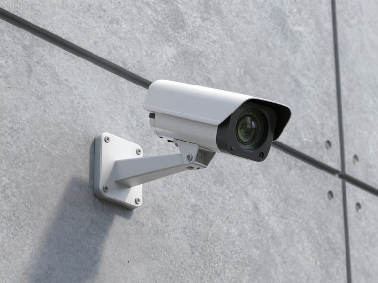 High-end security camera mounted on a clean dark architectural concrete facade, cool technical lighting, sharp shadows, 35mm lens