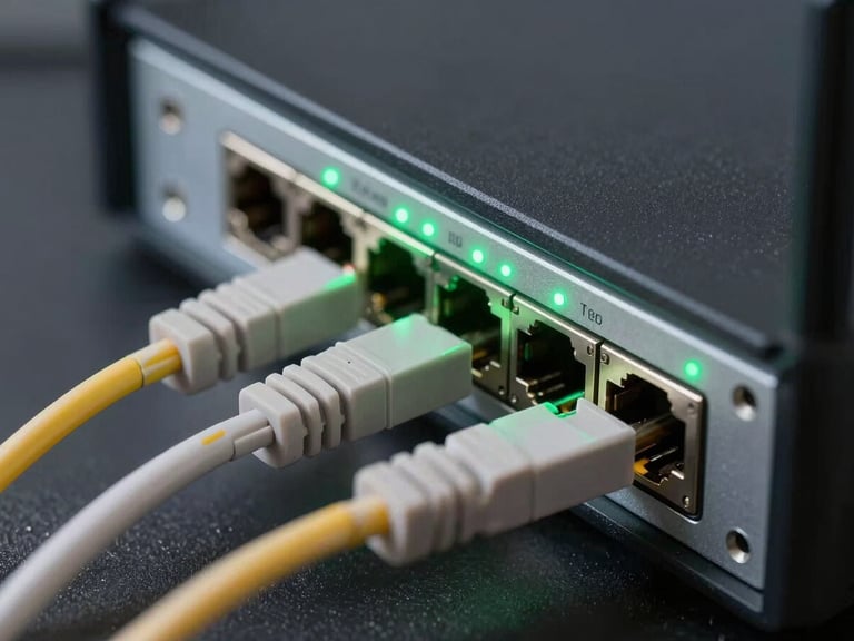 Close-up of network router ports with active fiber optic cables, intense green laser signal indicator, metallic hardware, dark background
