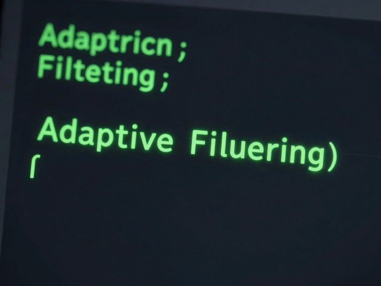 A clean terminal interface displaying Python code for adaptive filtering, glowing green monospaced text on a dark screen, sharp focus.