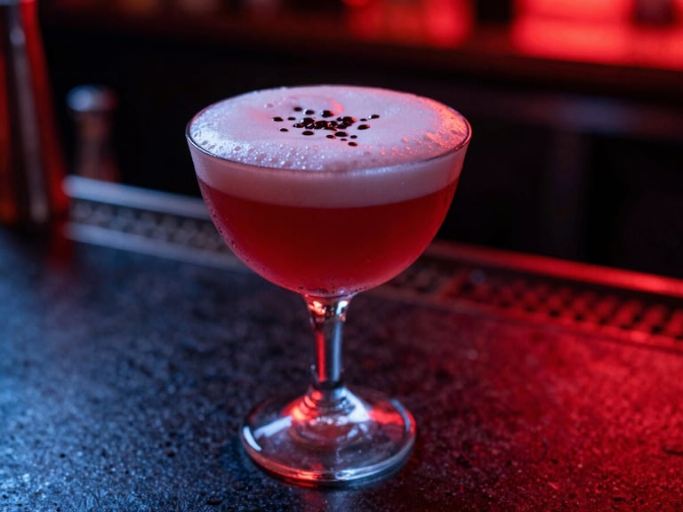 Close-up macro shot of a premium Pisco Sour with angostura drops on foam, sitting on a black stone bar under sharp red neon light, moody club atmosphere, deep shadows
