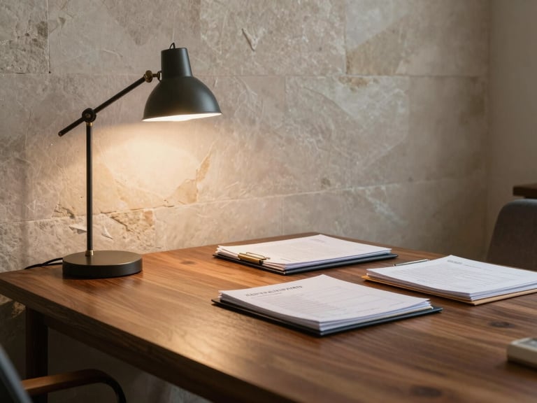 Wide shot of a calm home office corner — a wooden desk with neatly arranged estate planning folders and a single reading lamp casting warm light, Texas limestone wall visible in the background, no people