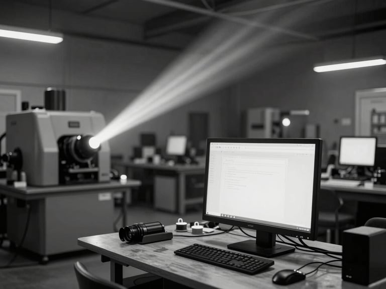 Wide unposed environmental shot of a raw workshop space at night, illuminated by monitor glow and projector beams, heavy machinery visible in the background, black and white.