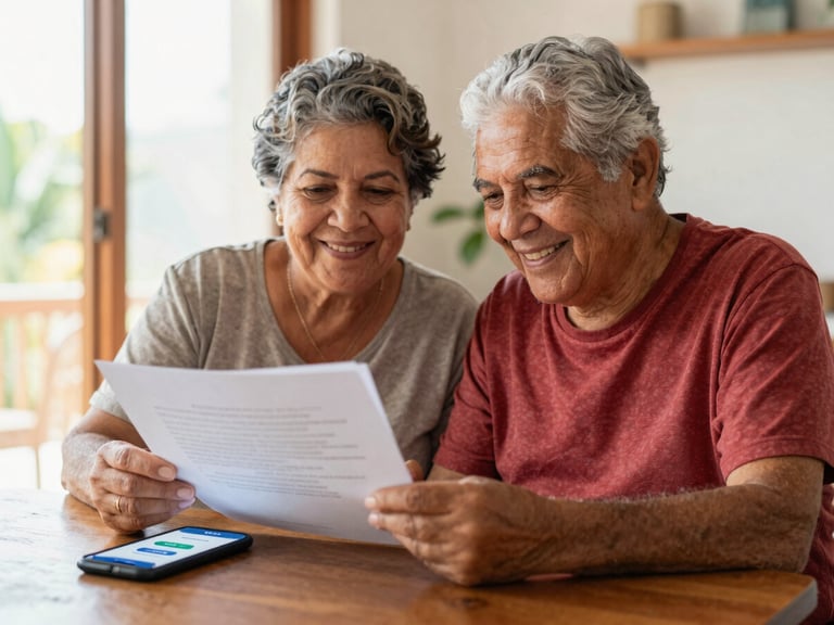 Medium shot of a smiling elderly Brazilian couple reviewing documents at home, a smartphone visible on the table with a secure financial app, warm natural daylight.