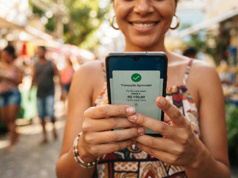 Close-up of a Brazilian person's hands holding a smartphone displaying a secure transaction screen, warm natural daylight, shallow depth of field, conveying relief and confidence.